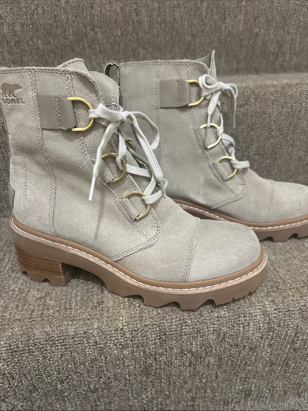Sorel Lace-Up Suede Ankle Boots in Taupe